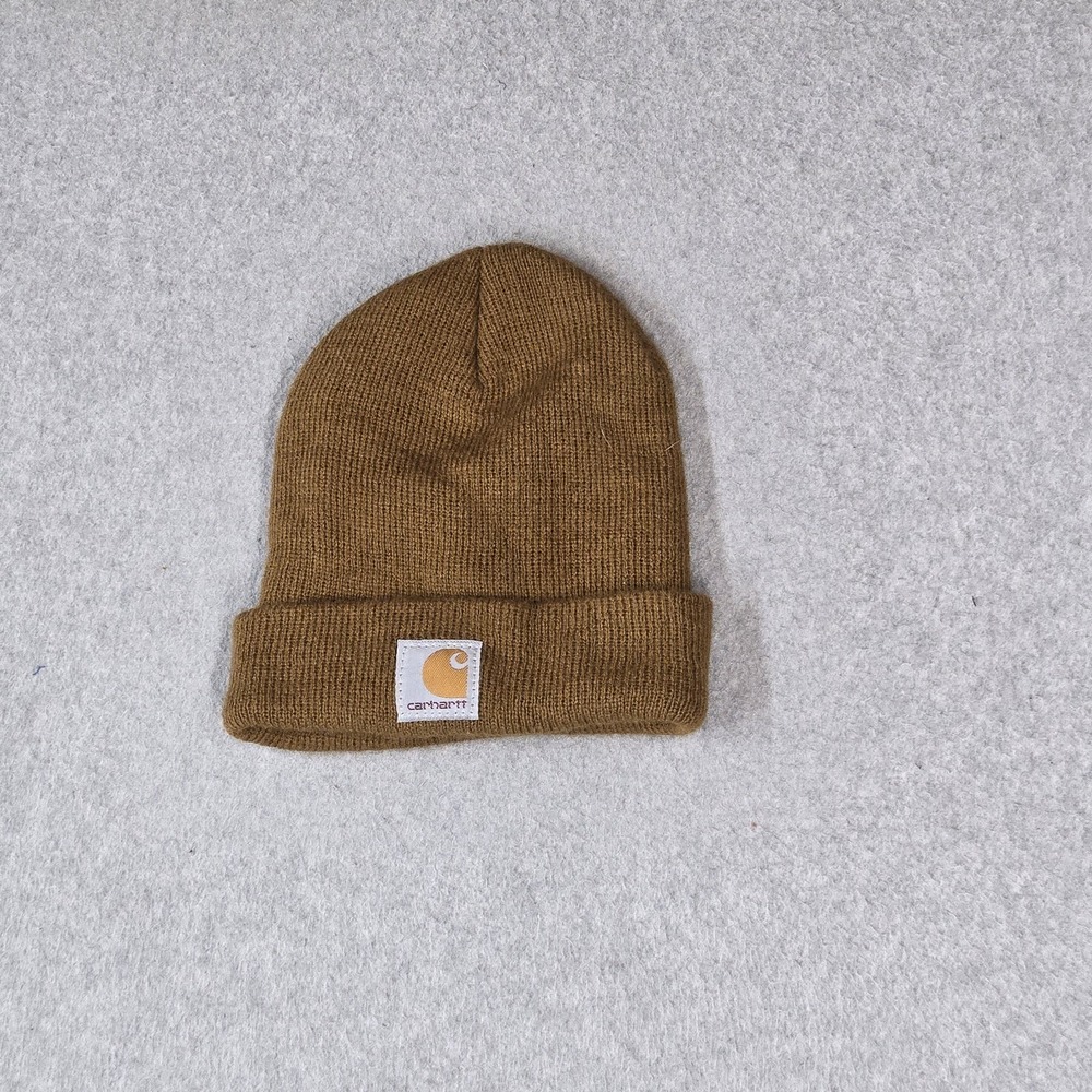 Carhartt Men Beanie ONE SIZE Brown Ribbed Cuffed Logo Patch Foldover